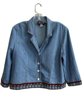 Southwestern 3/4 Sleeve Lightweight Jean Jacket Embroidered Trim Women's Size 12
